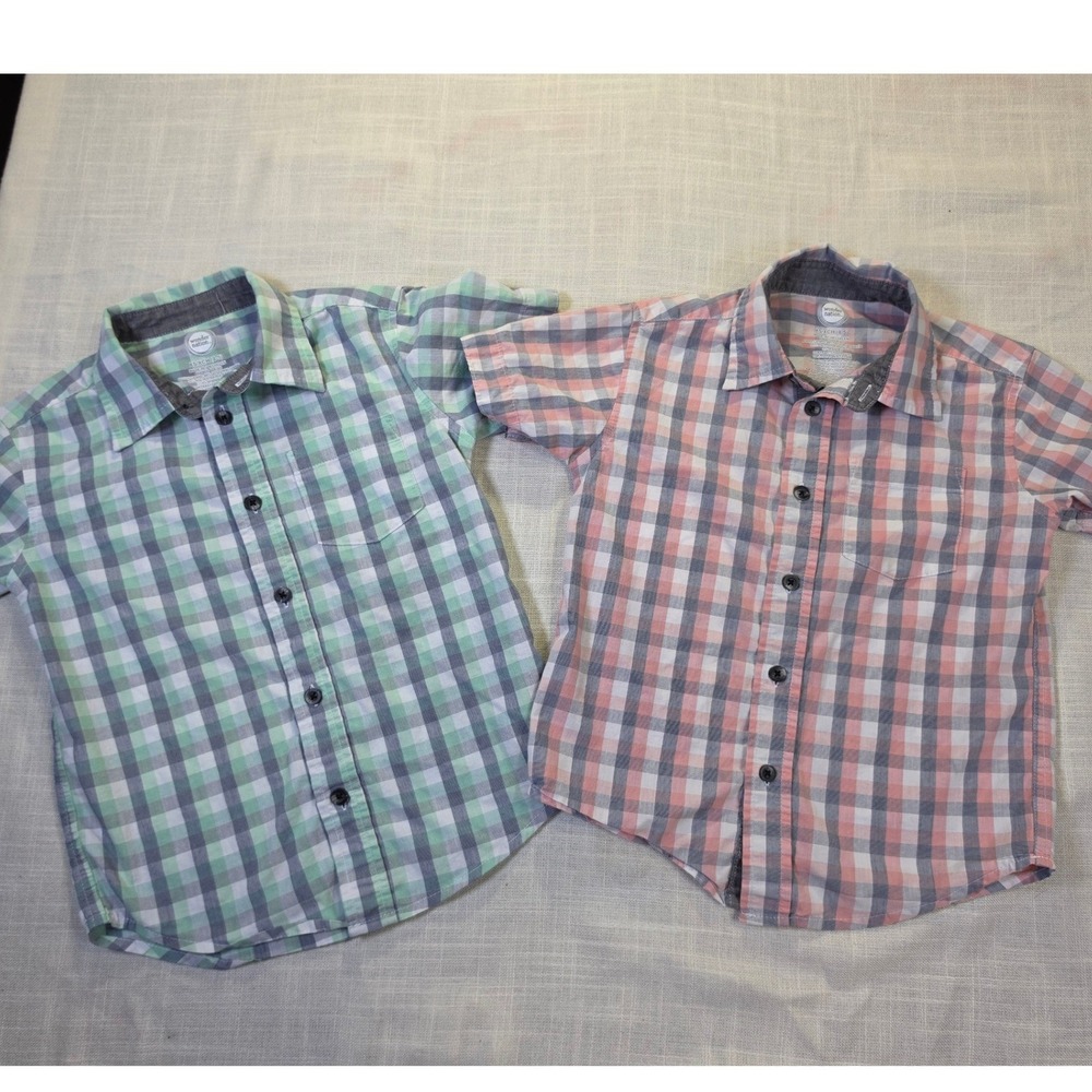 Wonder Nation Boys Plaid Button Down Shirts 2pk Green Pink XS 4-5 WB19106
